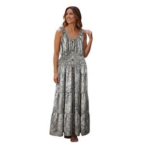 Lapis Womens Blue Grey Leopard Print Dress Maxi Waist Tiered Cottagecore Size M